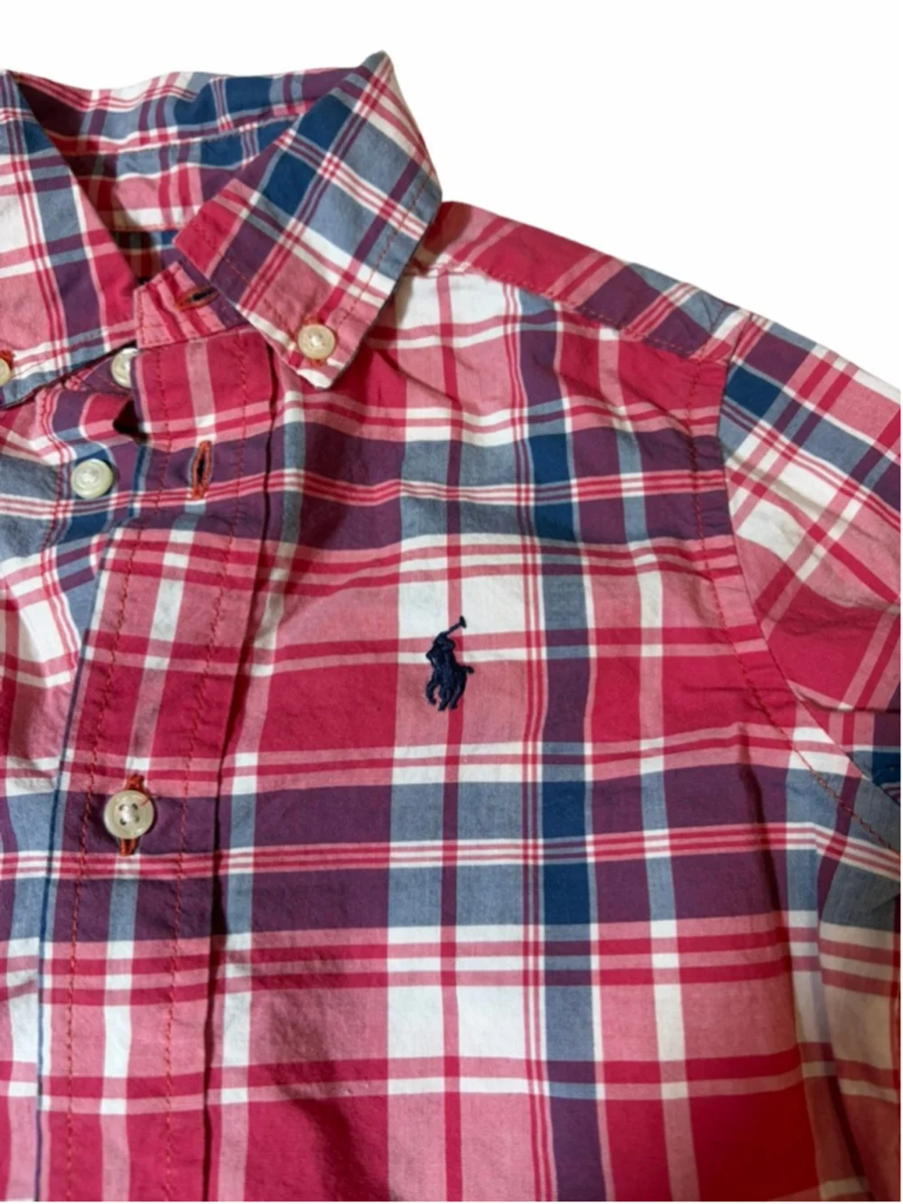 Ralph Lauren Boys Pink Navy Plaid Button Down Shirt 2/2T Natural Stretch